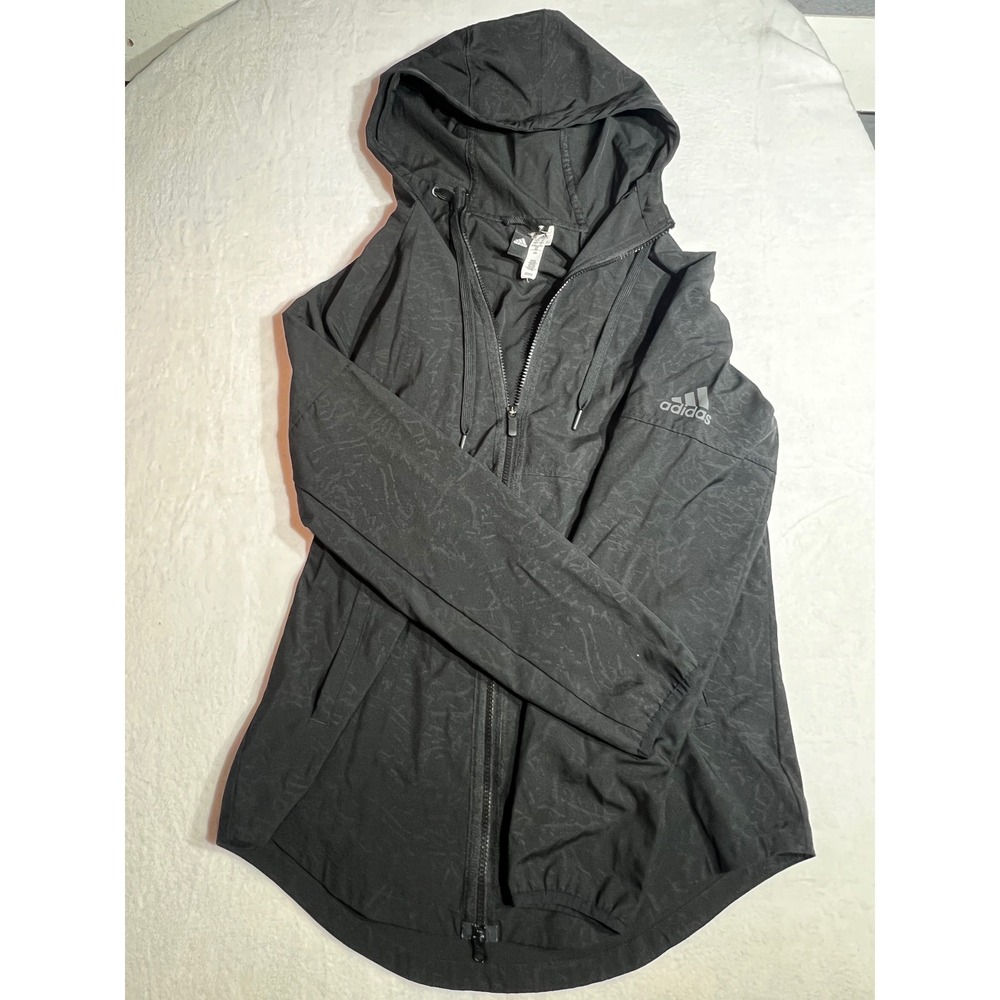 Adidas Womens Black Marble Print Full Zip Hooded Windbreaker Jacket Size M